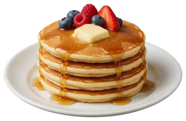 Fluffy stack of pancakes topped with butter, maple syrup and fresh berries on a white plate