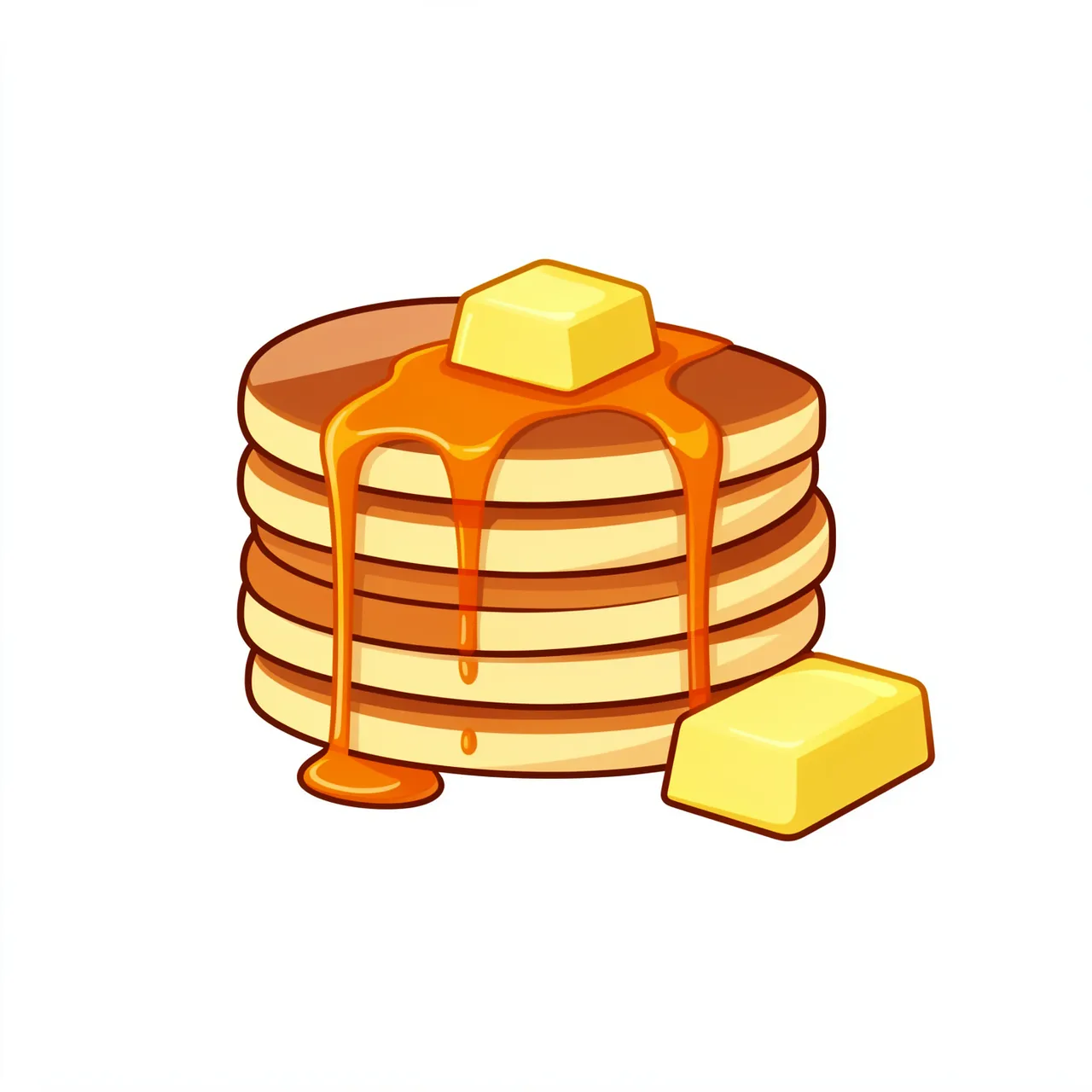 Flat cartoon illustration of a stack of pancakes topped with syrup and butter, isolated on a plain white background