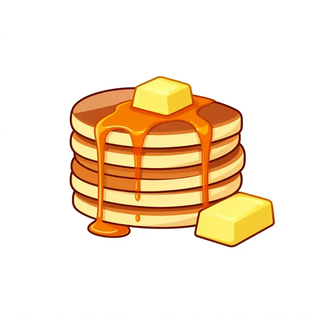 Flat cartoon illustration of a stack of pancakes topped with syrup and butter, isolated on a plain white background
