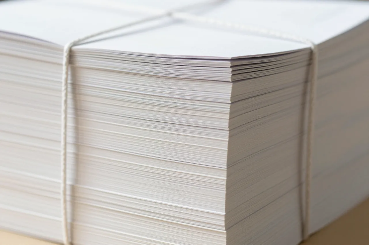 Close-up of a thick stack of plain white paper secured with thin string resting on a light surface
