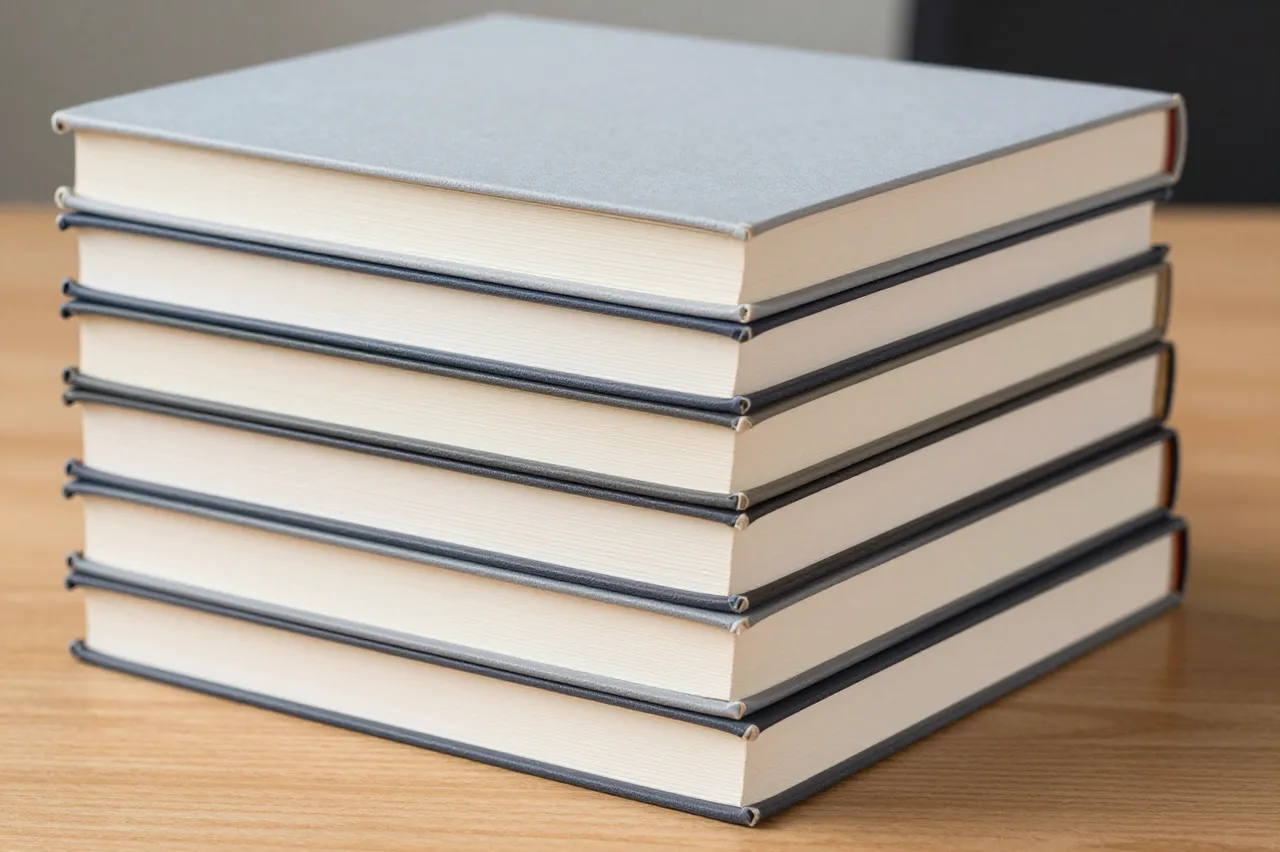 A neat stack of plain hardcover books rests on a light wooden desk surface.
