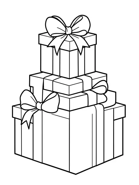 Black and white line art of a stacked tier of three wrapped presents with large bows on a plain white background