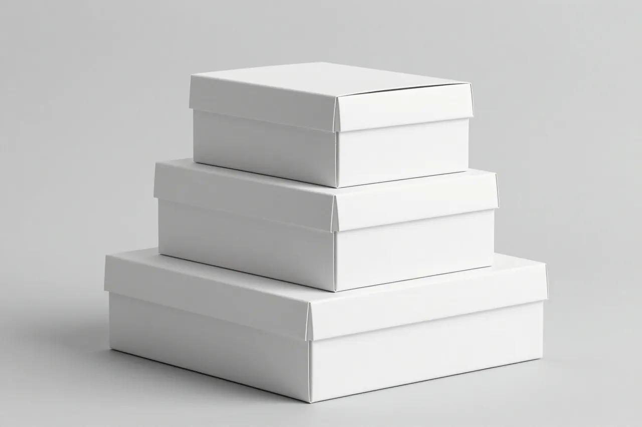 Three nested plain white cardboard boxes stacked on a seamless light gray studio backdrop
