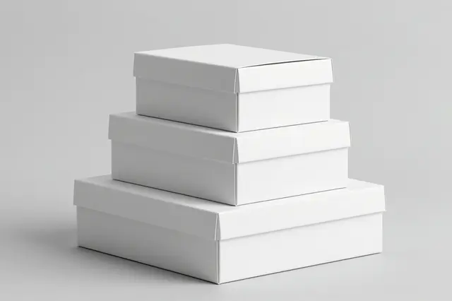 Three nested plain white cardboard boxes stacked on a seamless light gray studio backdrop