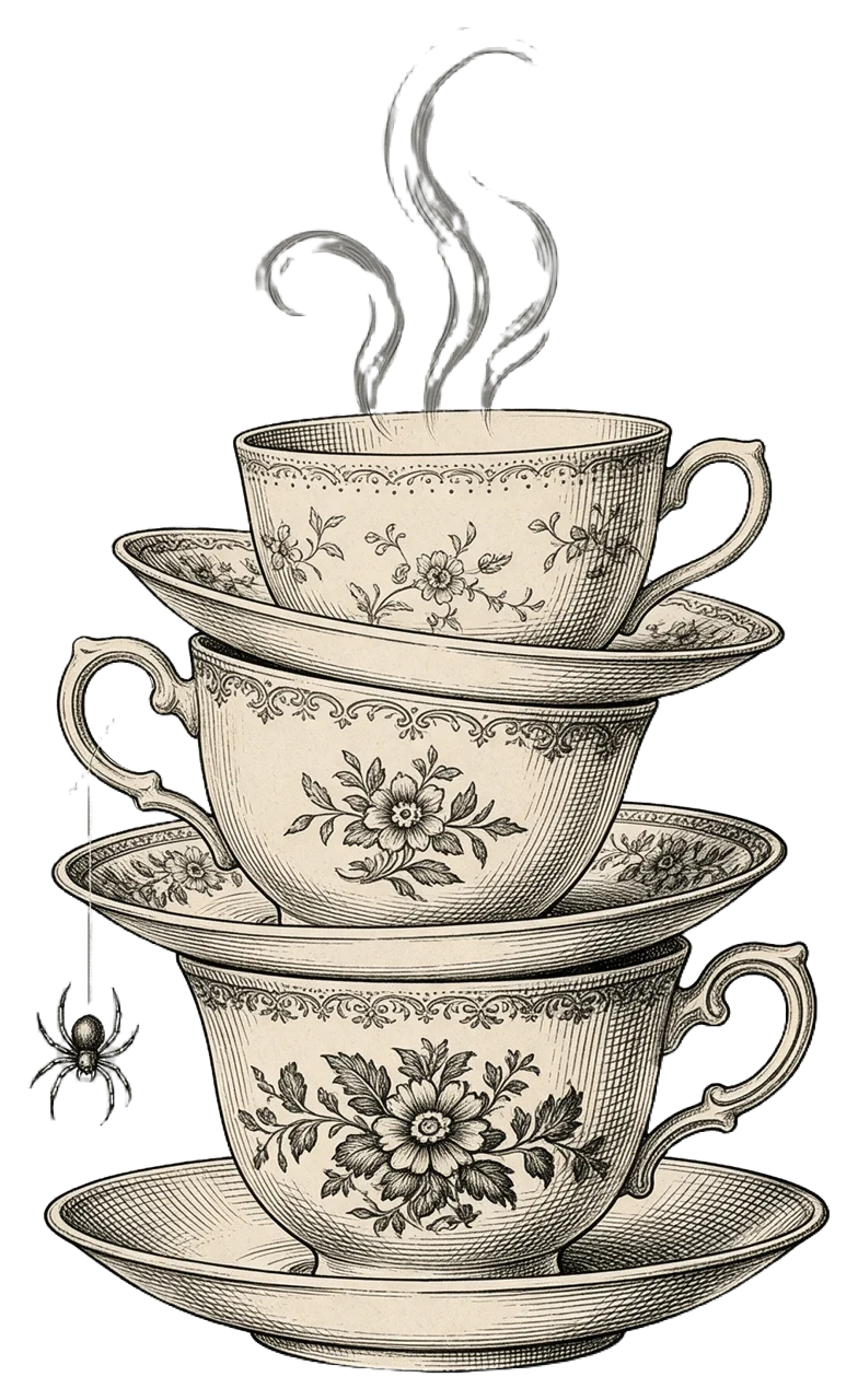 Vintage engraving of a tilting stack of three mismatched teacups with a hanging spider and rising steam
