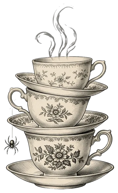 Vintage engraving of a tilting stack of three mismatched teacups with a hanging spider and rising steam