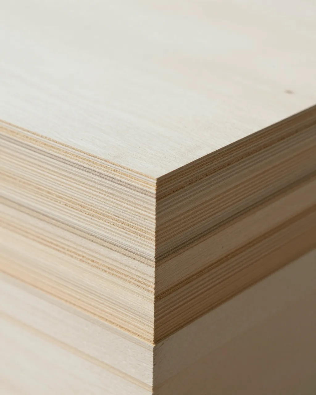 Close-up full frame view of layered birch plywood stack showing thin laminated plies on the cut edge