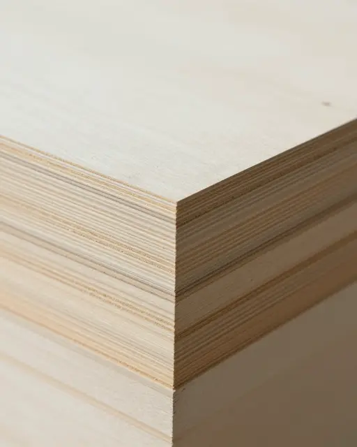 Close-up full frame view of layered birch plywood stack showing thin laminated plies on the cut edge