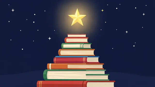 A pyramid stack of books rises toward a shining golden star against a dark starry night sky