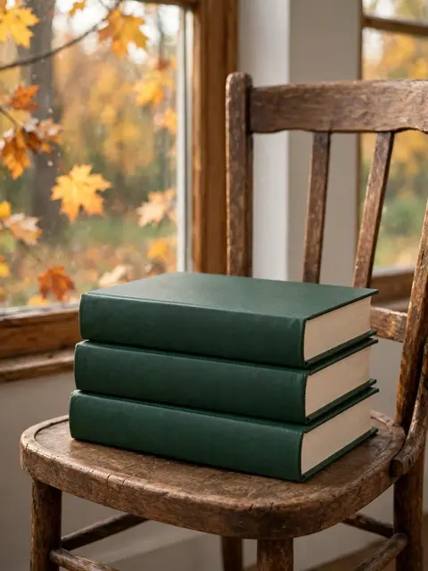 Three plain dark green hardcover books stacked on a rustic wooden chair beside a sunlit autumn window.