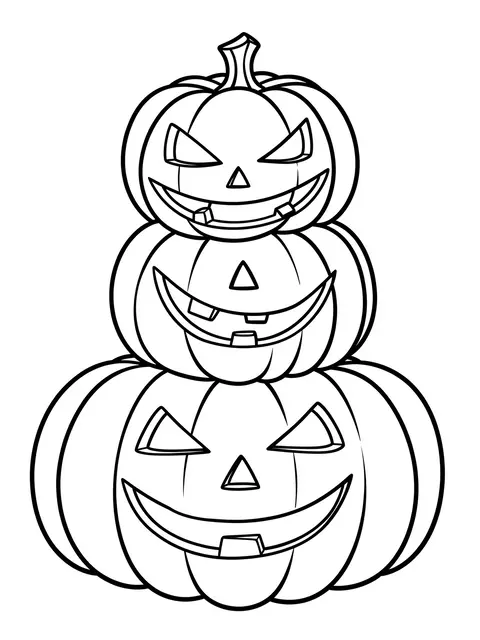 Black and white line art of three stacked grinning carved pumpkins on a plain white background