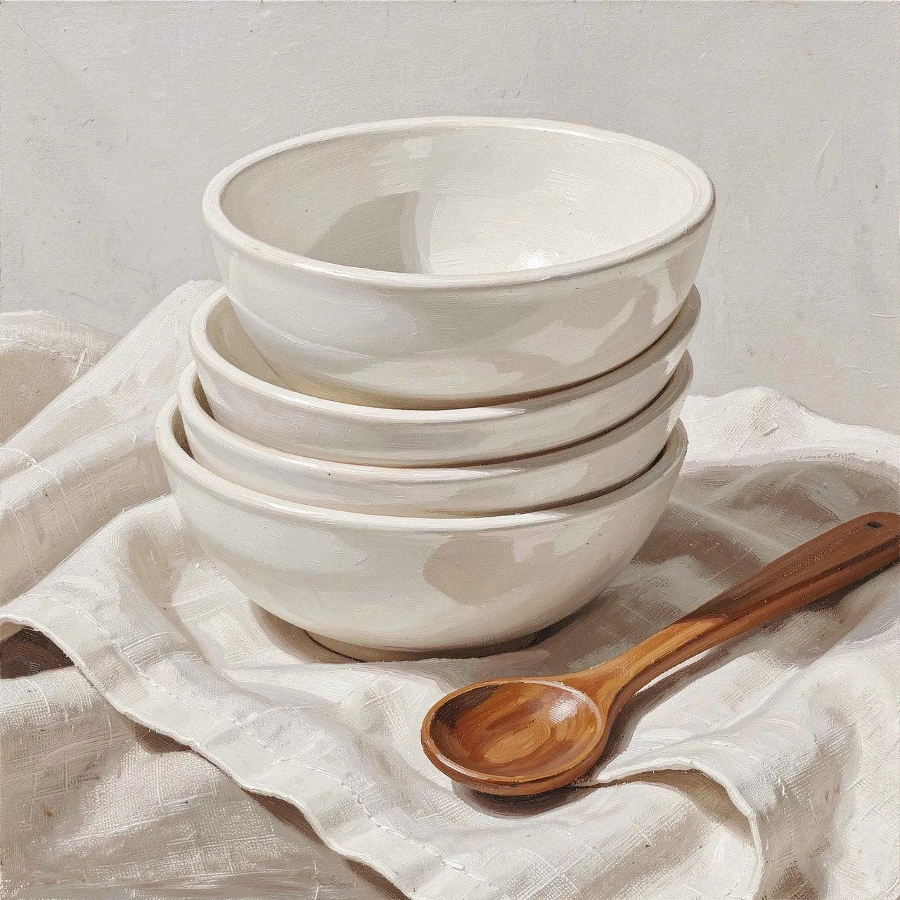 A gouache still life of stacked plain white ceramic bowls and a wooden spoon resting on a linen cloth