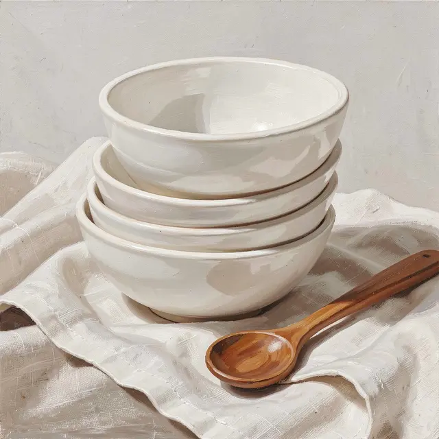 A gouache still life of stacked plain white ceramic bowls and a wooden spoon resting on a linen cloth