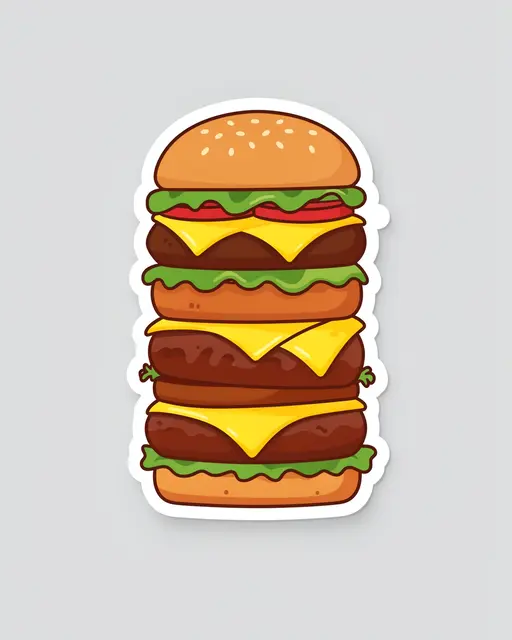 A cute flat illustration of a tall stacked cheeseburger die-cut sticker with a white border on a light gray background