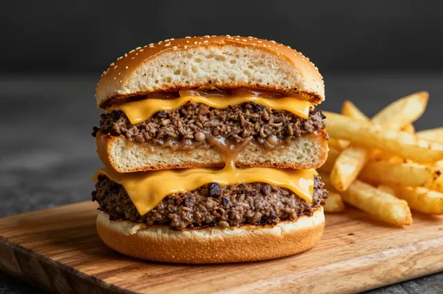 Double stacked cheeseburger with melted cheese and sauce sits on a wooden board next to crispy french fries.