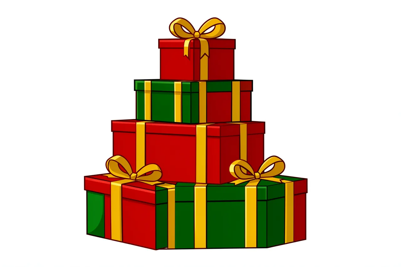 Flat clipart illustration of a tiered stack of red and green wrapped Christmas presents with gold ribbons on a plain white