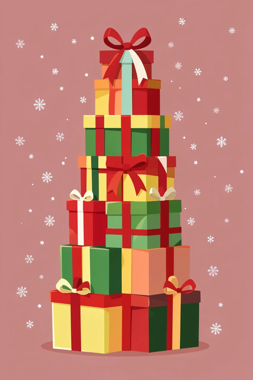 Tall stack of wrapped gift boxes with bows and falling snowflakes on a dusty rose background