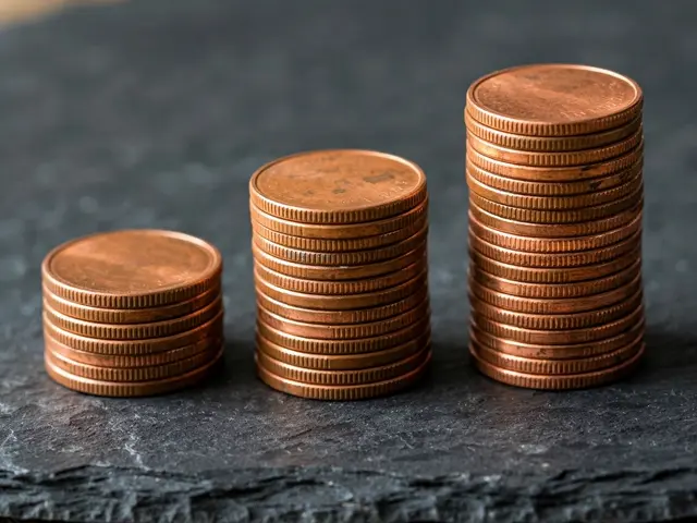 Three graduated-height stacks of copper coins sit on a dark slate surface with soft side lighting