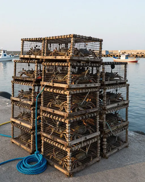 Stacked wooden crab traps with live crabs sit on a concrete harbor pier next to coiled blue rope at dawn, with small boats