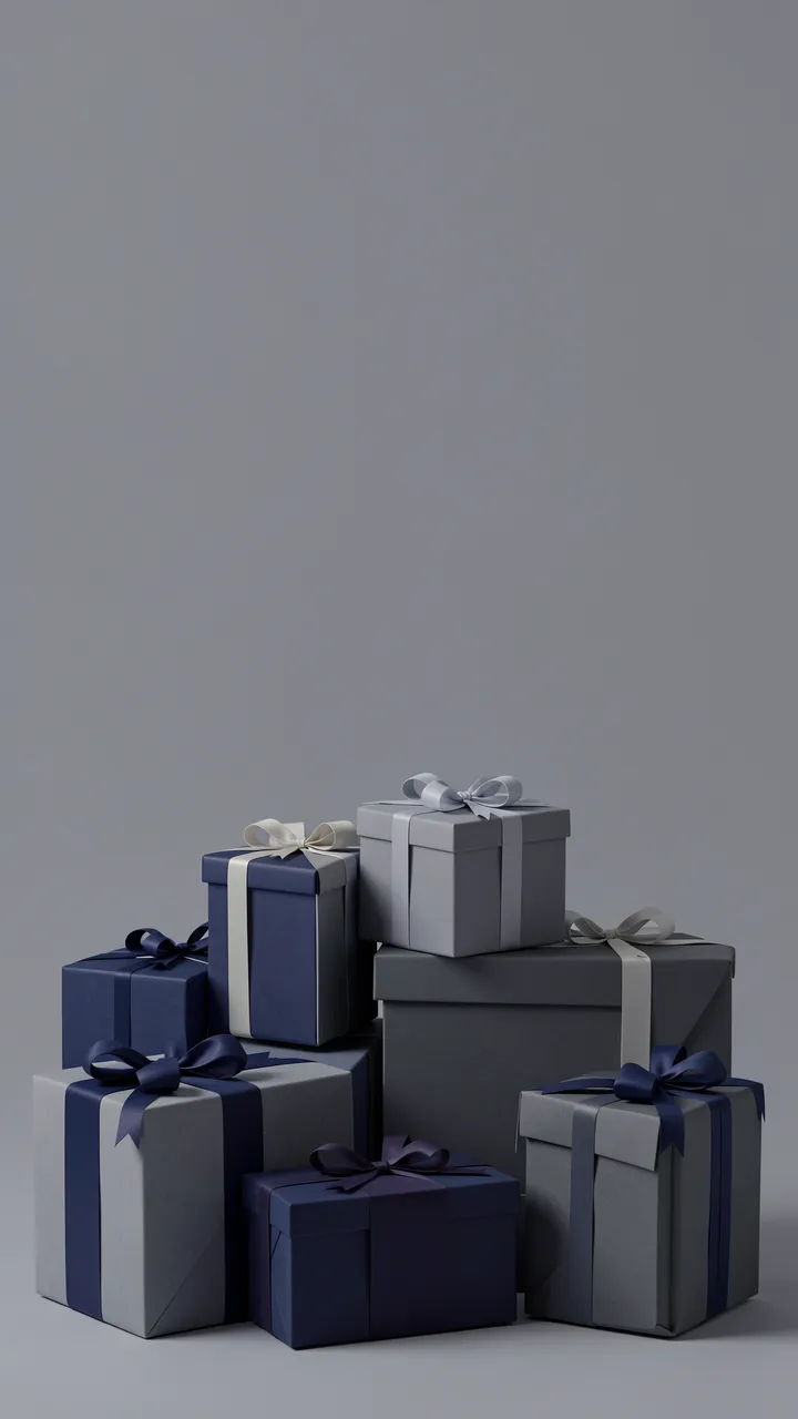 Stacked navy and slate gray gift boxes sit at the bottom of a vertical frame with empty copy space above.