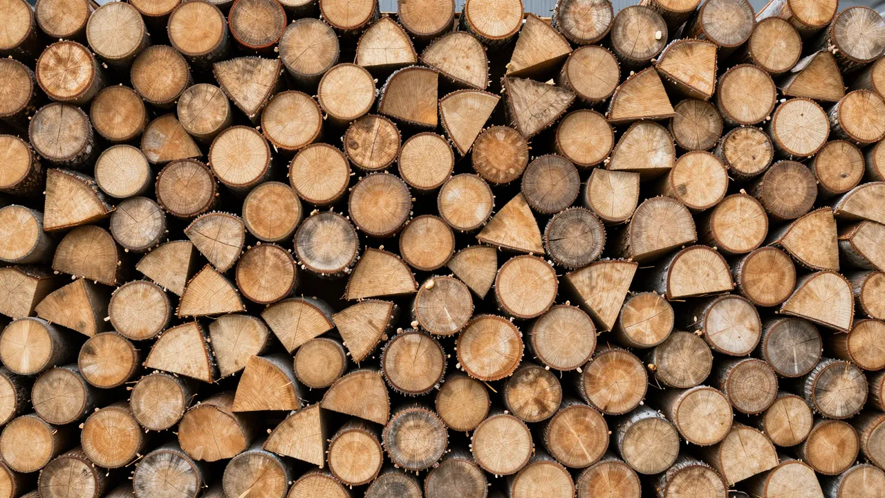 Full frame close-up of tightly stacked round and split firewood log ends showing distinct growth rings
