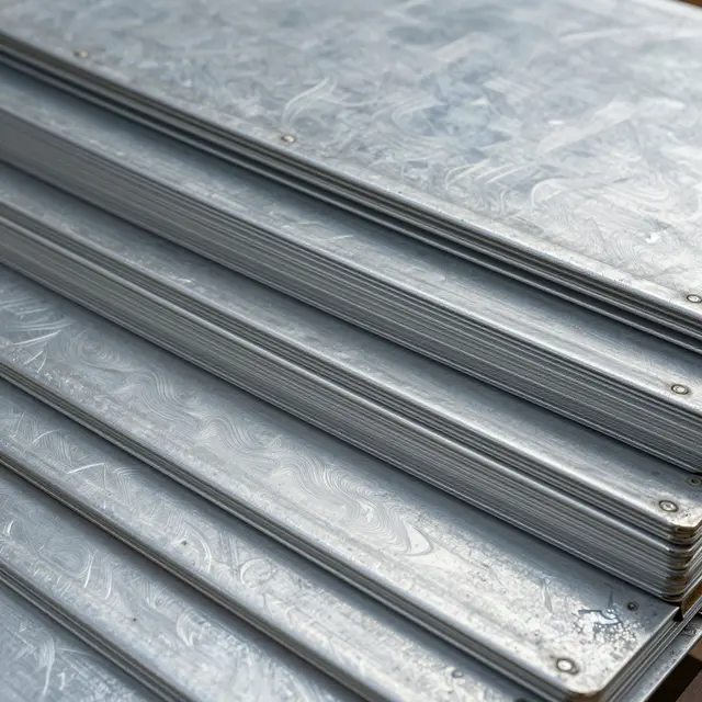 Full frame close-up of stacked folded steel sheets with flowing wavy silver grain patterns