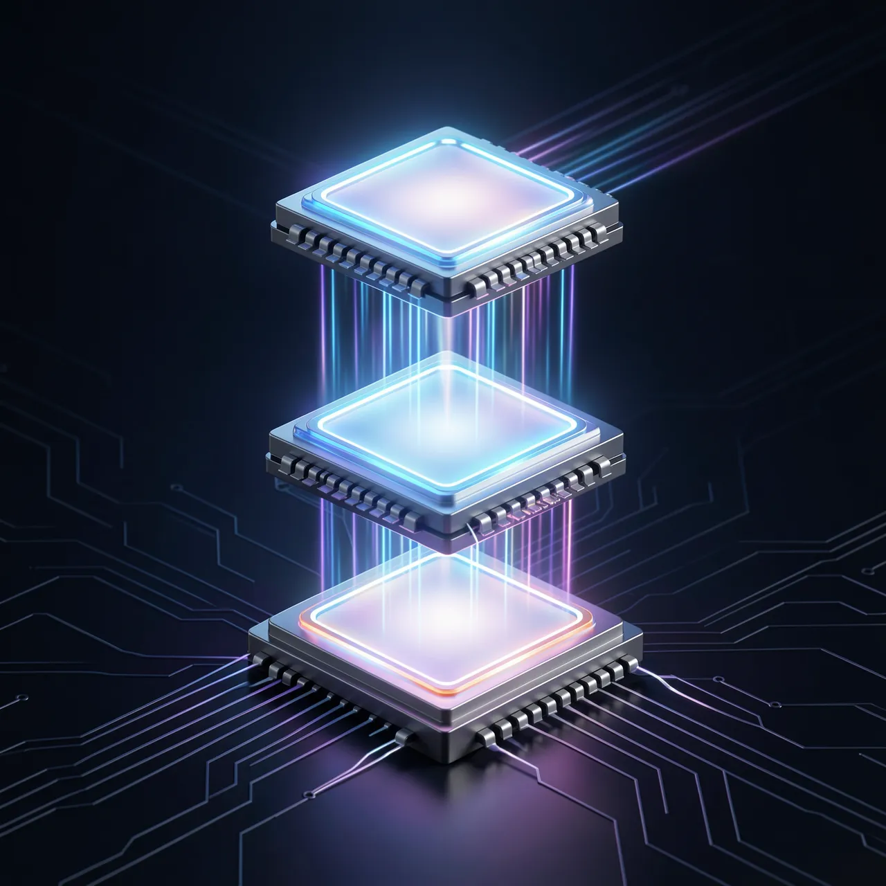 Three floating glowing microchips are connected by light beams above a circuit board background