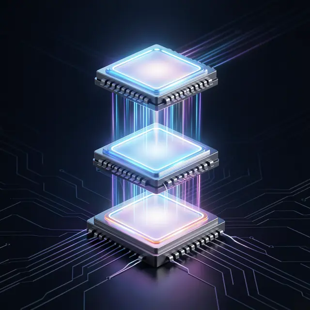 Three floating glowing microchips are connected by light beams above a circuit board background