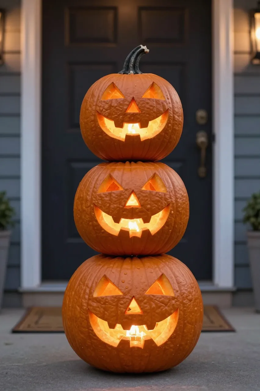 Three stacked glowing jack-o'-lanterns stand on a front porch at night beside a dark entry door