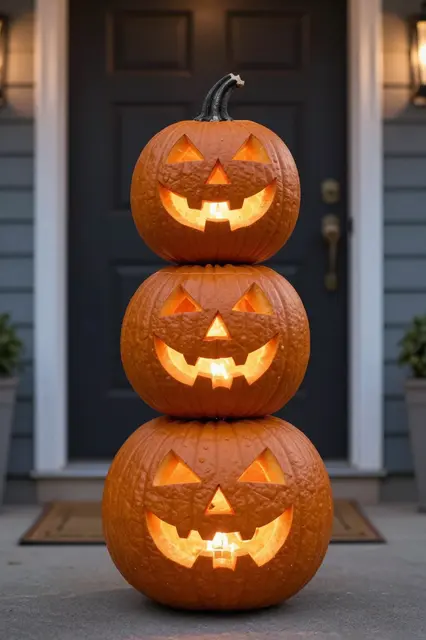 Three stacked glowing jack-o'-lanterns stand on a front porch at night beside a dark entry door