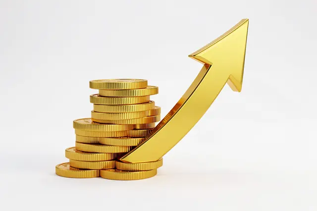 Glossy stacked gold coins sit next to a shiny upward-pointing golden arrow against a plain white background