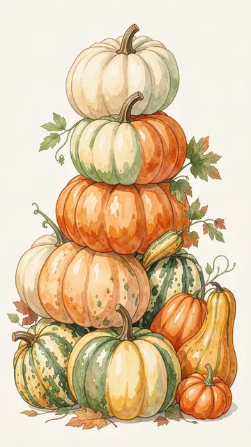 Botanical watercolor illustration of a vertical stack of cream, green and orange heirloom pumpkins and gourds with fall