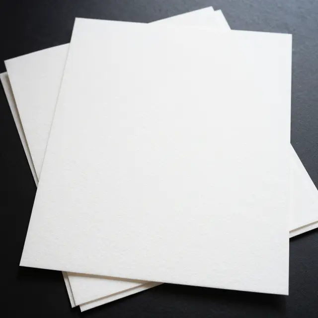 Overlapping sheets of bright white hot-press watercolor paper rest on a dark smooth surface