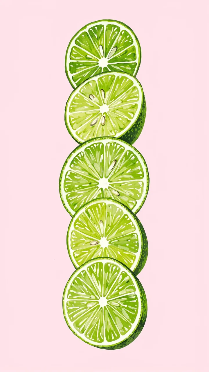 Vertical stacked hand-painted lime slices centered on a solid pale pink background