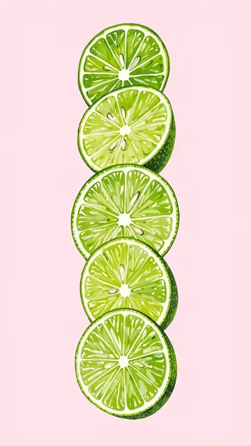 Vertical stacked hand-painted lime slices centered on a solid pale pink background