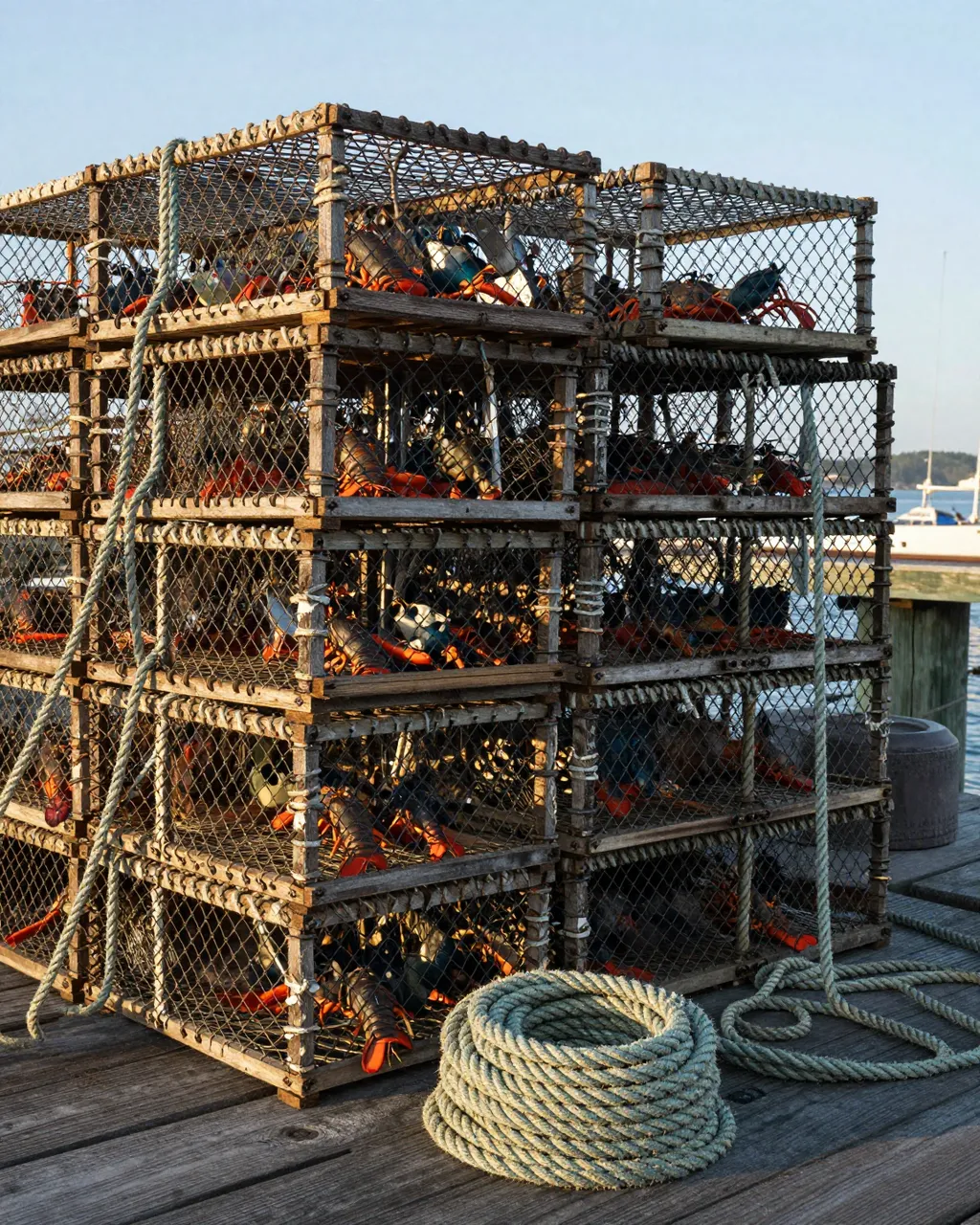 Stacked weathered wooden lobster traps with coiled rope rest on a wooden wharf at dawn