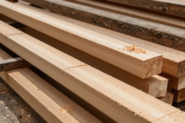Freshly cut stacked wooden lumber beams scattered with sawdust in warm side lighting