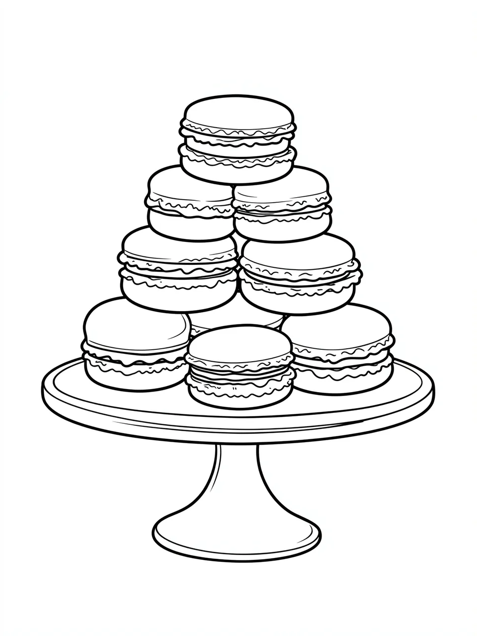 Black and white clean line art of stacked macarons arranged on a pedestal cake stand against a plain white background.