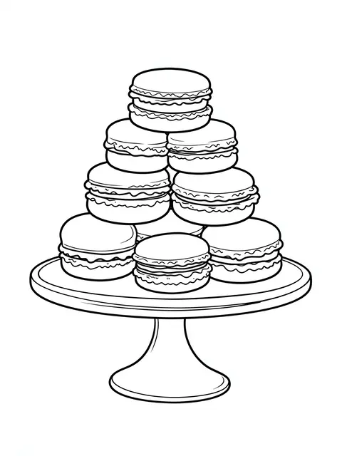 Black and white clean line art of stacked macarons arranged on a pedestal cake stand against a plain white background.