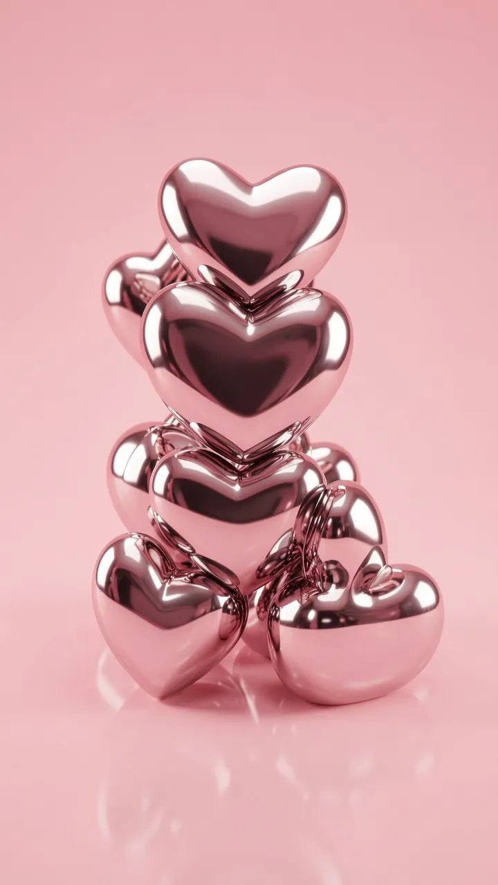 A stack of mirror-polished glossy metallic heart shapes sits against a soft solid pink background