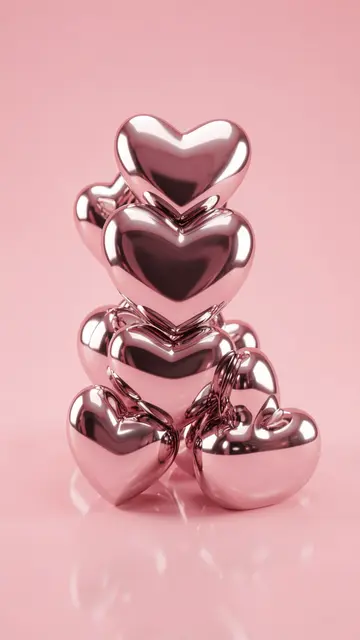 A stack of mirror-polished glossy metallic heart shapes sits against a soft solid pink background