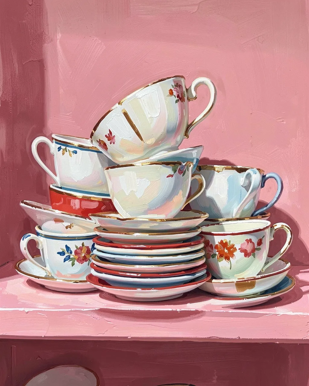 Gouache painting of a mismatched stack of floral teacups and saucers resting on a pink shelf