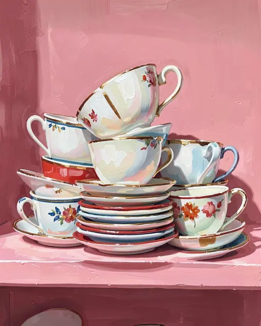 Gouache painting of a mismatched stack of floral teacups and saucers resting on a pink shelf