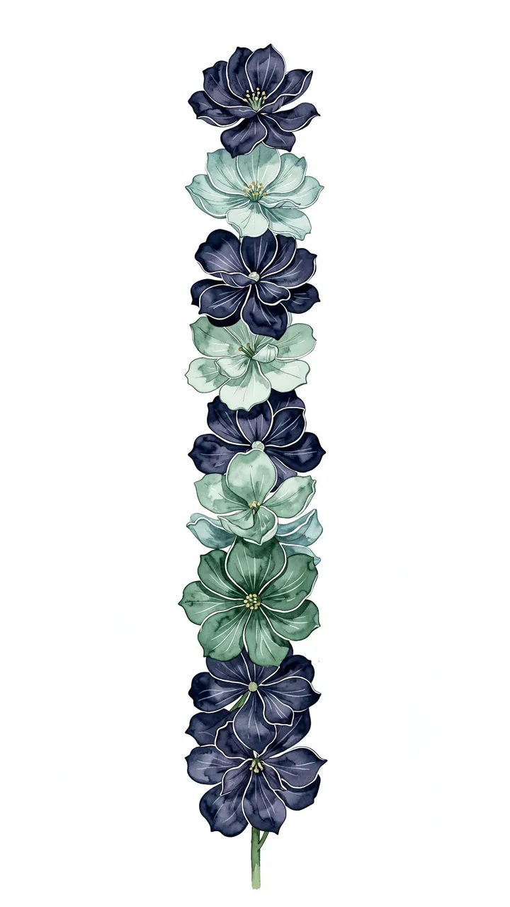 Vertical column of stacked alternating navy and sea green blooms on a plain white background