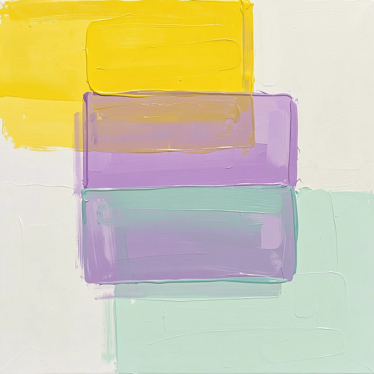 Thick impasto abstract acrylic painting of overlapping translucent lemon, lilac, and mint rectangular blocks on an off-white