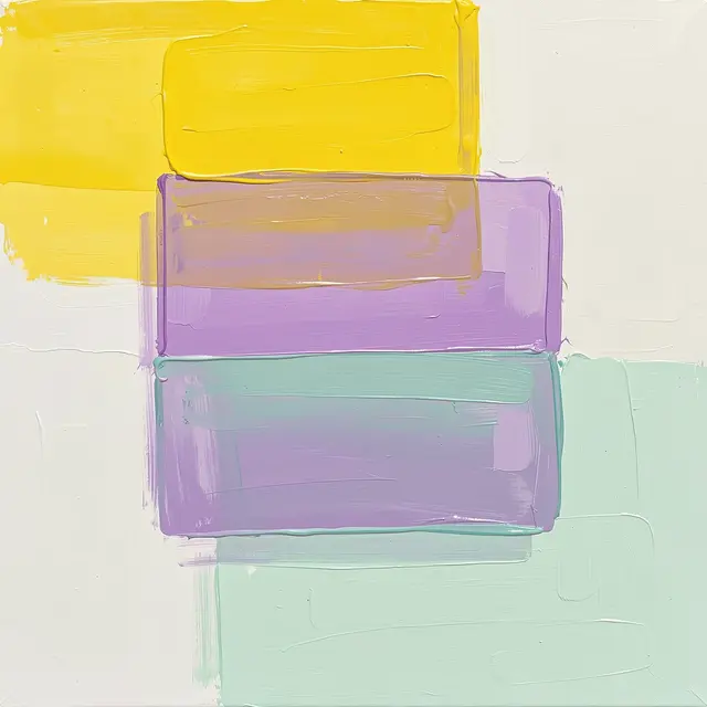 Thick impasto abstract acrylic painting of overlapping translucent lemon, lilac, and mint rectangular blocks on an off-white