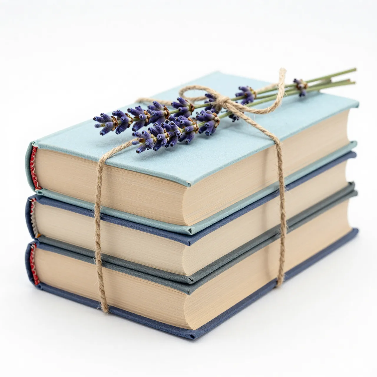 A neat stack of pastel hardcover books tied with twine and topped with lavender on a plain white background