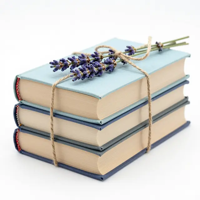 A neat stack of pastel hardcover books tied with twine and topped with lavender on a plain white background