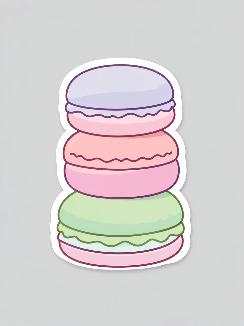 A die-cut sticker illustration of three stacked pastel macarons on a light gray background