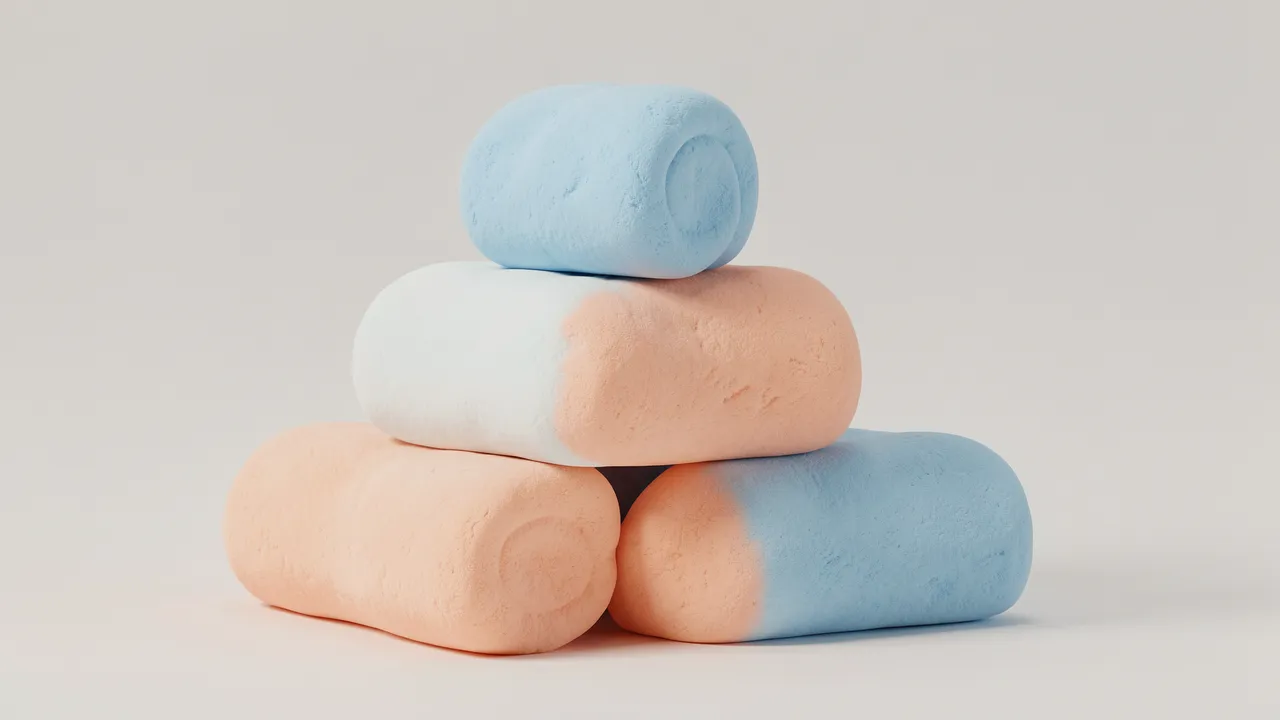Pyramid stack of soft rounded peach and sky blue marshmallow-like 3D forms against a neutral light gray background